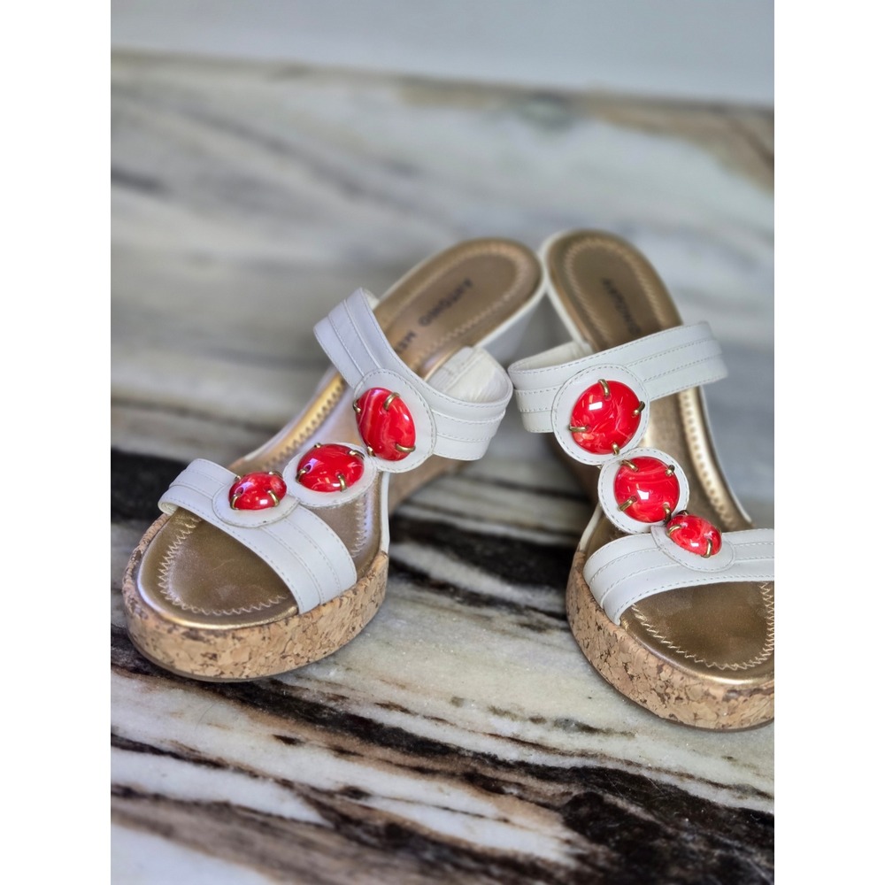 Antonio Melani Jisele White Leather Red Stone Cork Wedge Sandals 6M Brazil